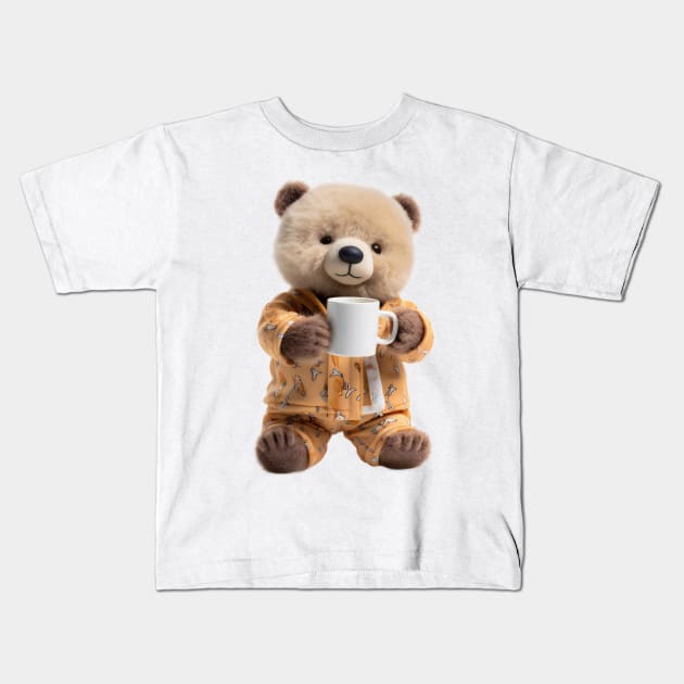 Adorable Teddy Bear Drinking Coffee Early in the Morning Kids T-Shirt by Cuteopia Gallery